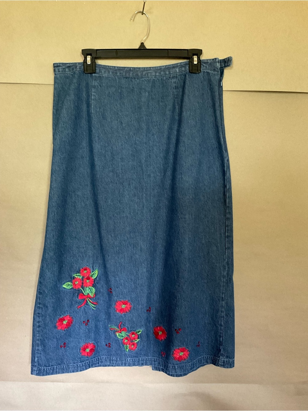 Westbound Denim A-Line Maxi Skirt with Red Floral Embroidery. Size 14